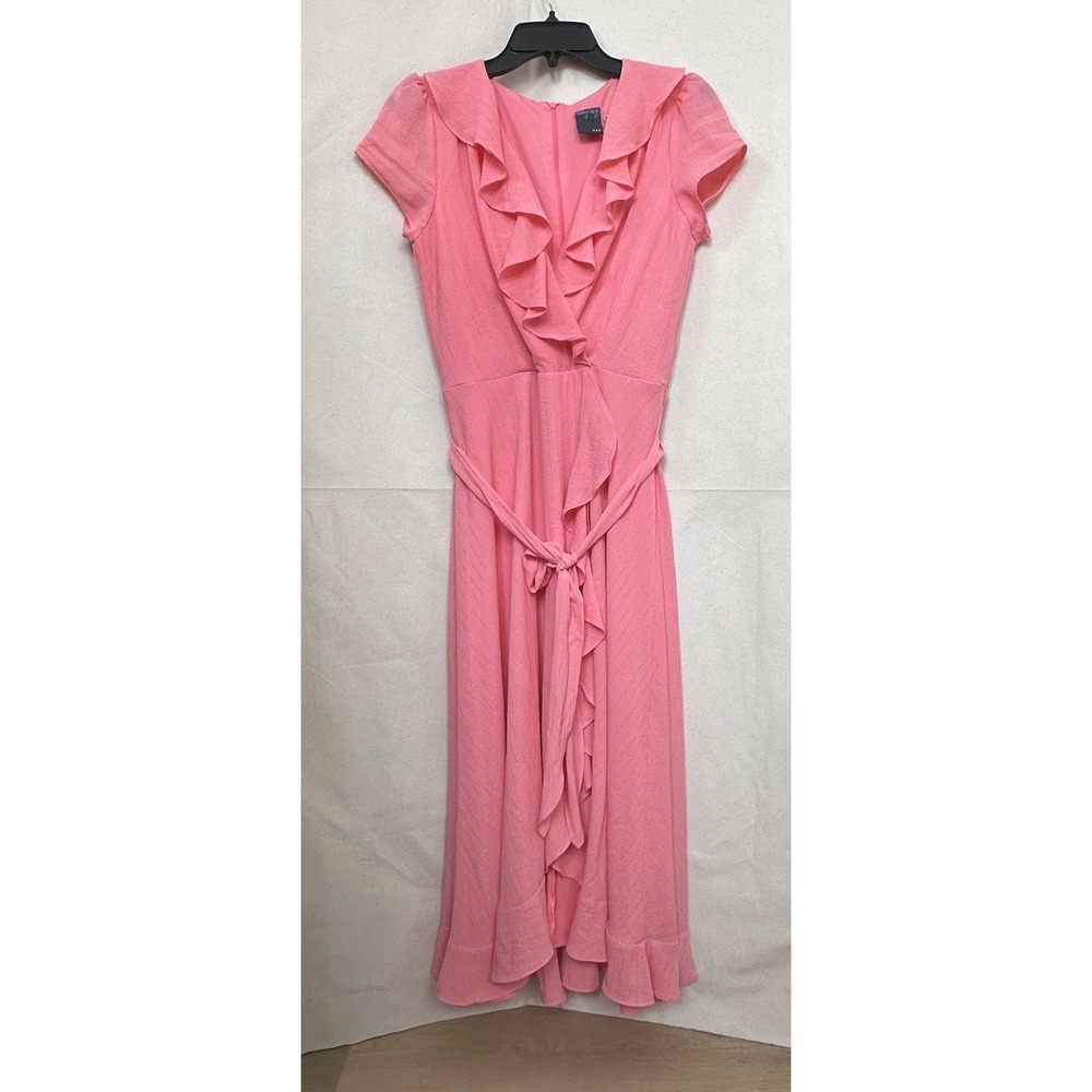 Gabby Skye Ruffle Faux Wrap‎ Midi Dress Womens 6 Belted Baby Shower Flirty Party